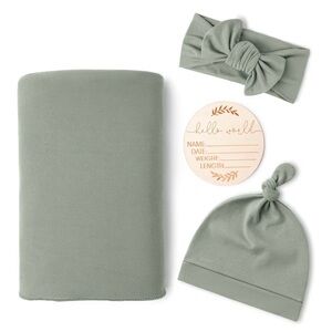 Konssy Green Baby Announcement Set - Receiving Blanket/Swaddle, Headband and Hat